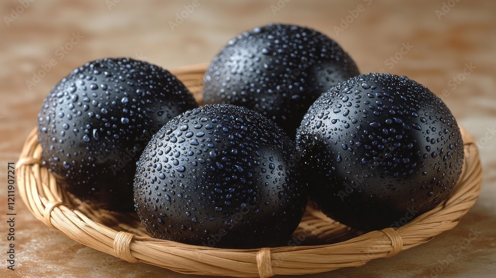 Dewy black spheres in woven basket on table Dewy black spheres in woven basket on table