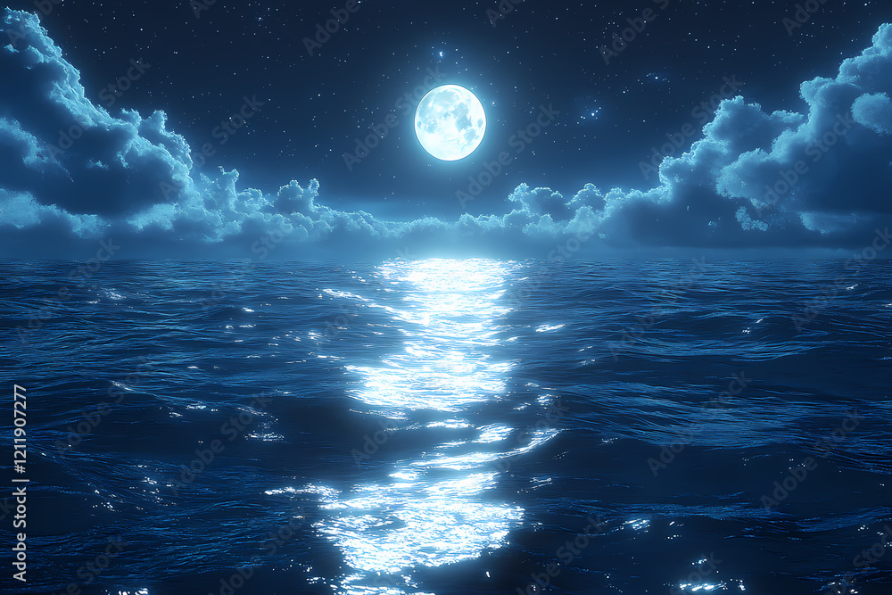 A deep sapphire sea under a starry sky, with waves reflecting moonlight. Atmosphere of mystery and tranquility
A deep sapphire sea under a starry sky, with waves reflecting moonlight. Atmosphere of mystery and tranquility