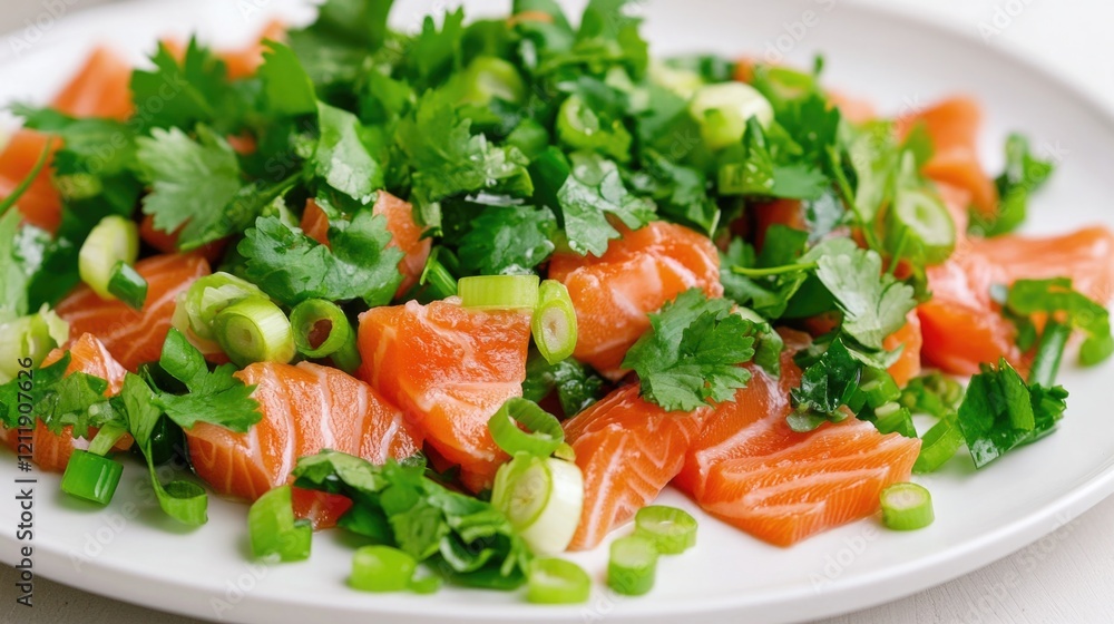 Fresh salmon fillet served with green onions on a white plate, perfect for a culinary or food-related image Fresh salmon fillet served with green onions on a white plate, perfect for a culinary or food-related image