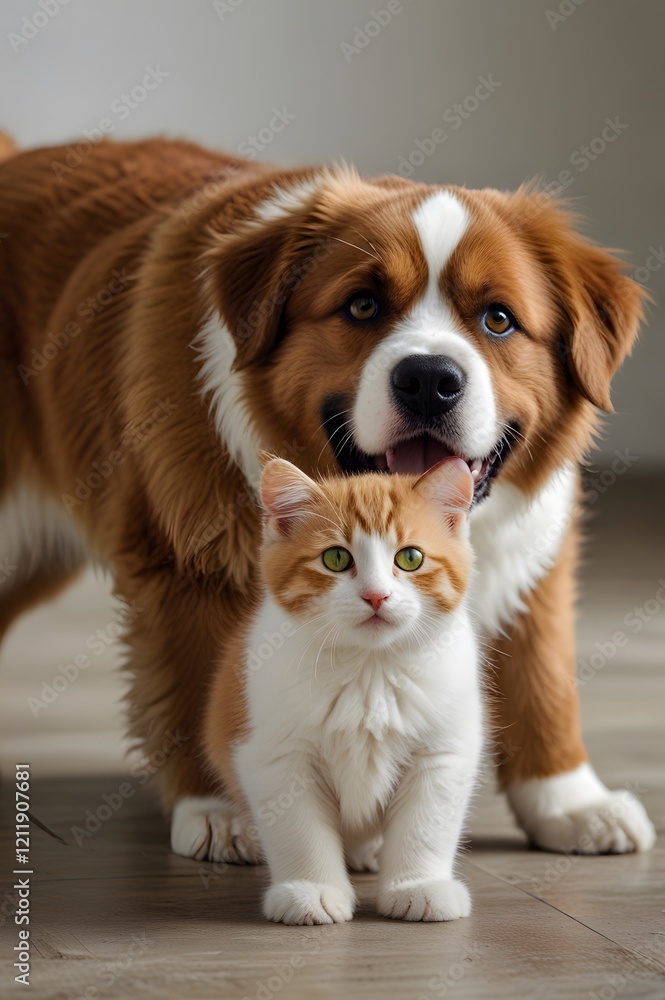 Charming friendship between a red-and-white kitten and a big fluffy dog, pets, friendliness, harmony, family pets, warm interior, cute animals, cat and dog together, care and love Charming friendship between a red-and-white kitten and a big fluffy dog, pets, friendliness, harmony, family pets, warm interior, cute animals, cat and dog together, care and love