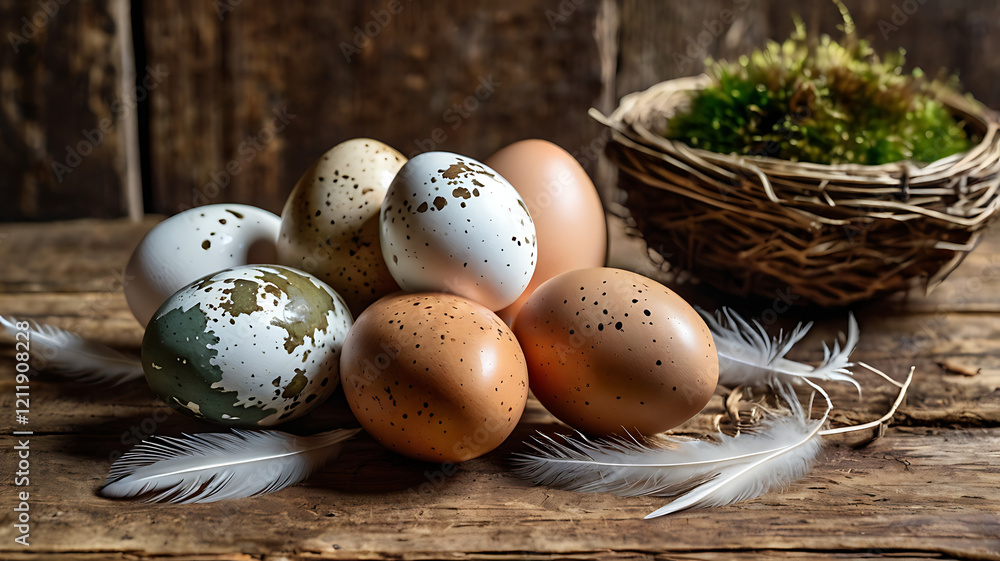 Obraz premium Rustic Speckled Easter Eggs with Moss and Feathers
