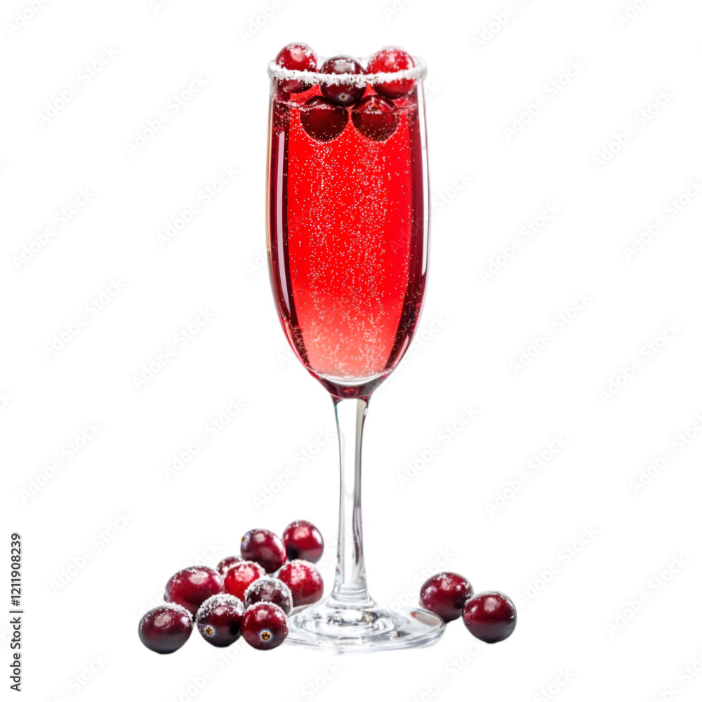 Festive Cranberry Cocktail: Sparkling red drink garnished with sugared cranberries in a champagne flute. Festive Cranberry Cocktail: Sparkling red drink garnished with sugared cranberries in a champagne flute.