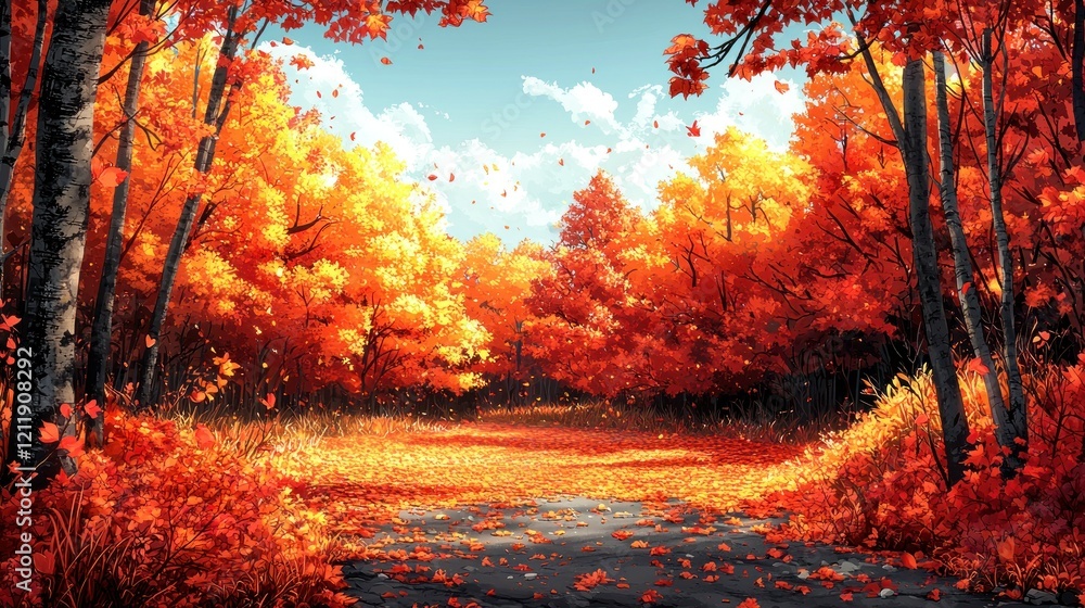 A vibrant autumn forest path with golden leaves and a bright blue sky invites you in A vibrant autumn forest path with golden leaves and a bright blue sky invites you in