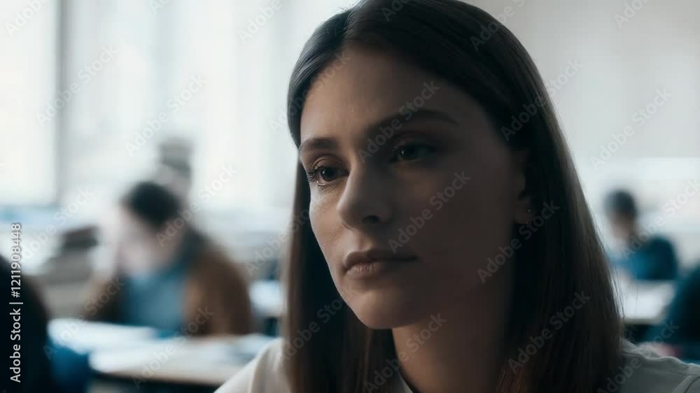 Student Focused on Exam in Classroom While Peers Study Quietly During Examination Period Student Focused on Exam in Classroom While Peers Study Quietly During Examination Period