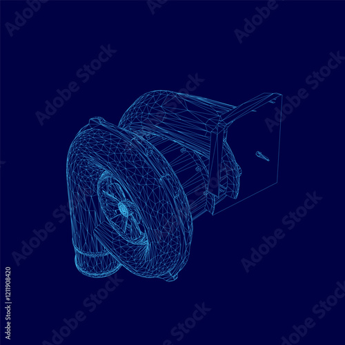 Blue drawing of a car turbo part of engine with a turbo. The drawing is in blue and is very detailed