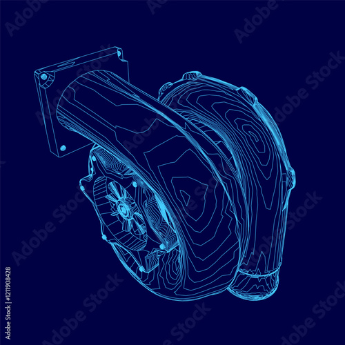 Blue drawing of a car turbo part of engine with a turbo. The drawing is in blue and is very detailed