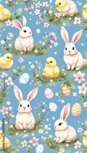 Cute easter bunny and chick pattern with flowers and eggs on blue background