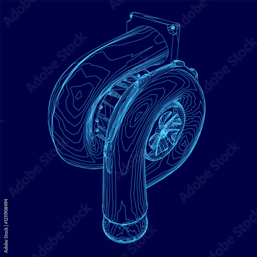 Blue drawing of a car turbo part of engine with a turbo. The drawing is in blue and is very detailed