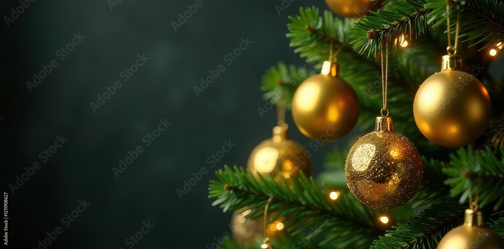 Fototapeta premium Glittering golden ornaments adorn a lush green Christmas tree, shining, luminous