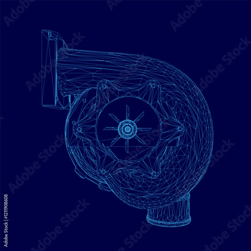 Blue drawing of a car turbo part of engine with a turbo. The drawing is in blue and is very detailed