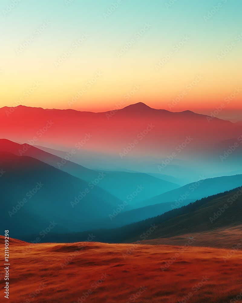 Fototapeta premium Vibrant sunset over layered mountains.