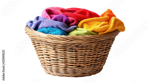 Colorful towels piled in a wicker basket creating a cheerful laundry display at home photo