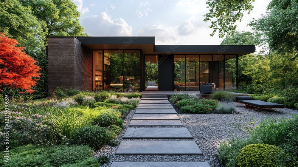 Contemporary home with vibrant garden and red bush Contemporary home with vibrant garden and red bush