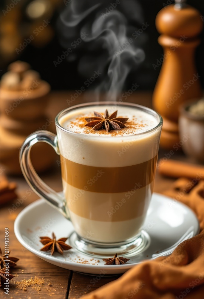 Steaming spiced latte with star anise and cinnamon in glass mug on wooden table