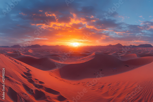 A desert landscape at sunset, bathed in warm topaz hues. The shadows of the dunes create a deep contrast with the golden light
 photo