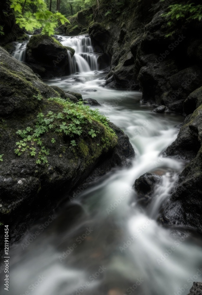 Serene forest waterfall with flowing stream and lush greenery in tranquil natural setting Serene forest waterfall with flowing stream and lush greenery in tranquil natural setting