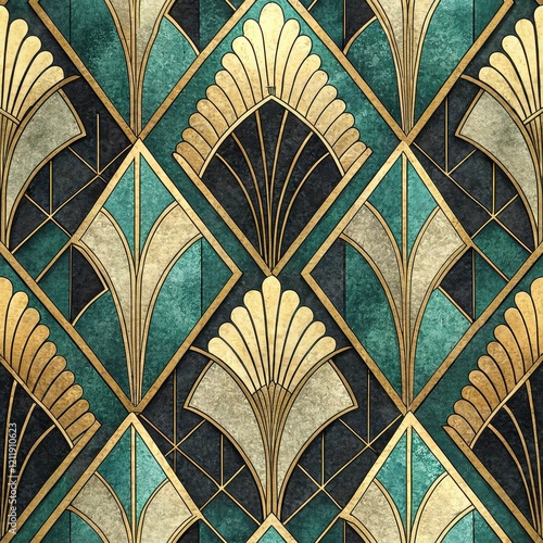 Elegant Art Deco Geometric Pattern Seamless Teal Gold Beige Design Texture