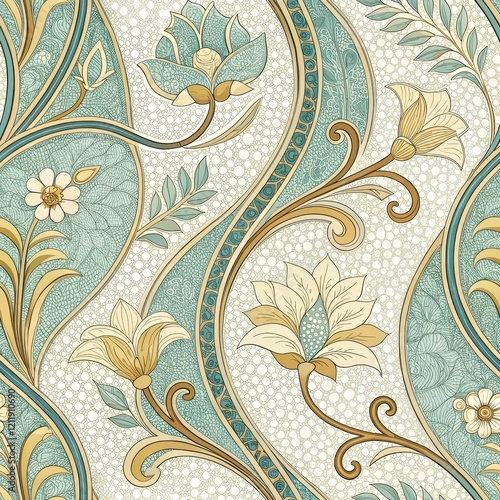 Elegant Teal and Gold Floral Paisley Pattern Seamless Textile Design Vintage Art Nouveau Style