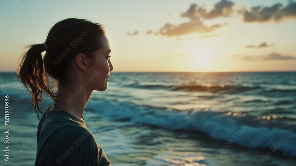A woman stands alone on the beach as the sun sets over the vast ocean