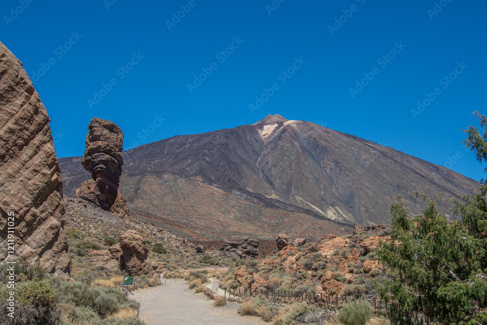 Hiking trail in Teide National Park with a view of the Pico del Teide