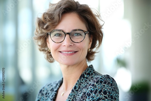 Headshot portrait of smiling senior Caucasian businesswoman in glasses pose in office on working day. Close up profile picture of happy middle-aged female employee or CEO show success at workplace.