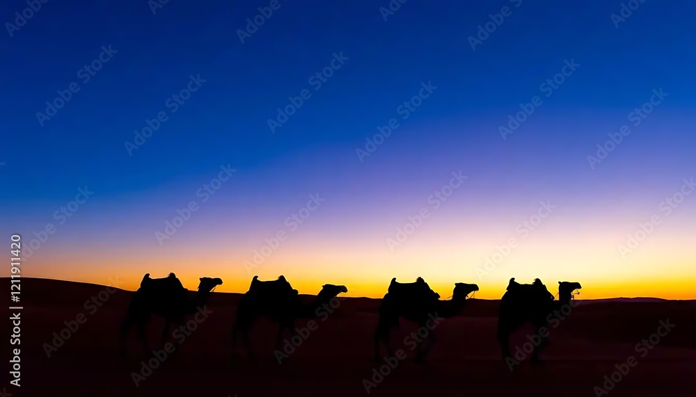 Silhouette Camels Crossing Desert Sunset Silhouette Camels Crossing Desert Sunset