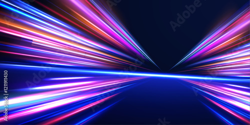 Creative vector illustration of flying cosmic meteor, planetoid, comet, fireball isolated on transparent background. Effect, png, wave,neon,line. Light arc in neon colors, in the form of a turn.