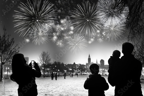Group of people enjoying fireworks display on a night sky