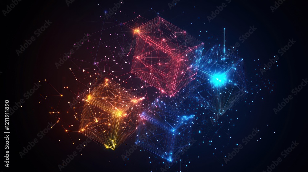 Obraz premium Glowing network nodes connecting, dark background, digital art, tech concept