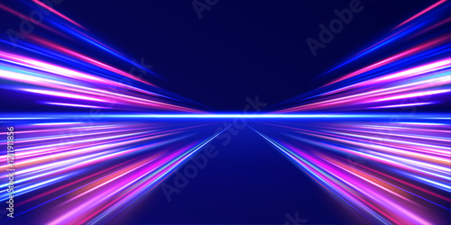 Horizontal speed lines connection vector background. Futuristic dynamic motion technology blue glowing lines air flow effect.  Racing cars dynamic flash effects city road with long exposure. 