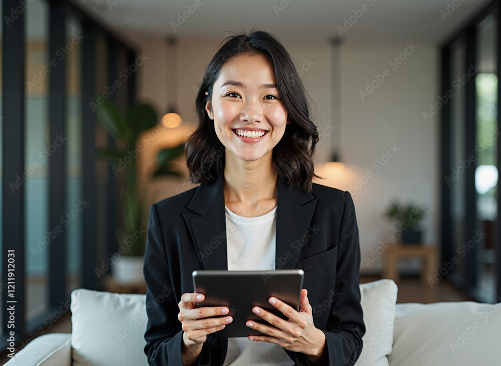 Asian Woman Sitting on Couch Holding a Tablet Asian Woman Sitting on Couch Holding a Tablet