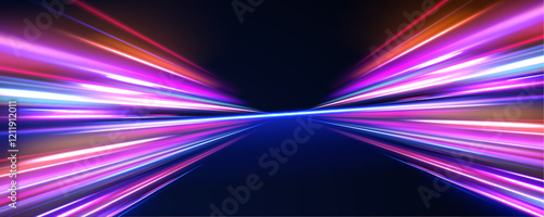 Horizontal speed lines connection vector background. Futuristic dynamic motion technology blue glowing lines air flow effect.  Racing cars dynamic flash effects city road with long exposure. 