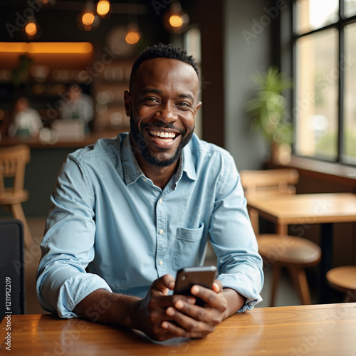 Smiling Black Man Sitting at Table Holding Cell Phone