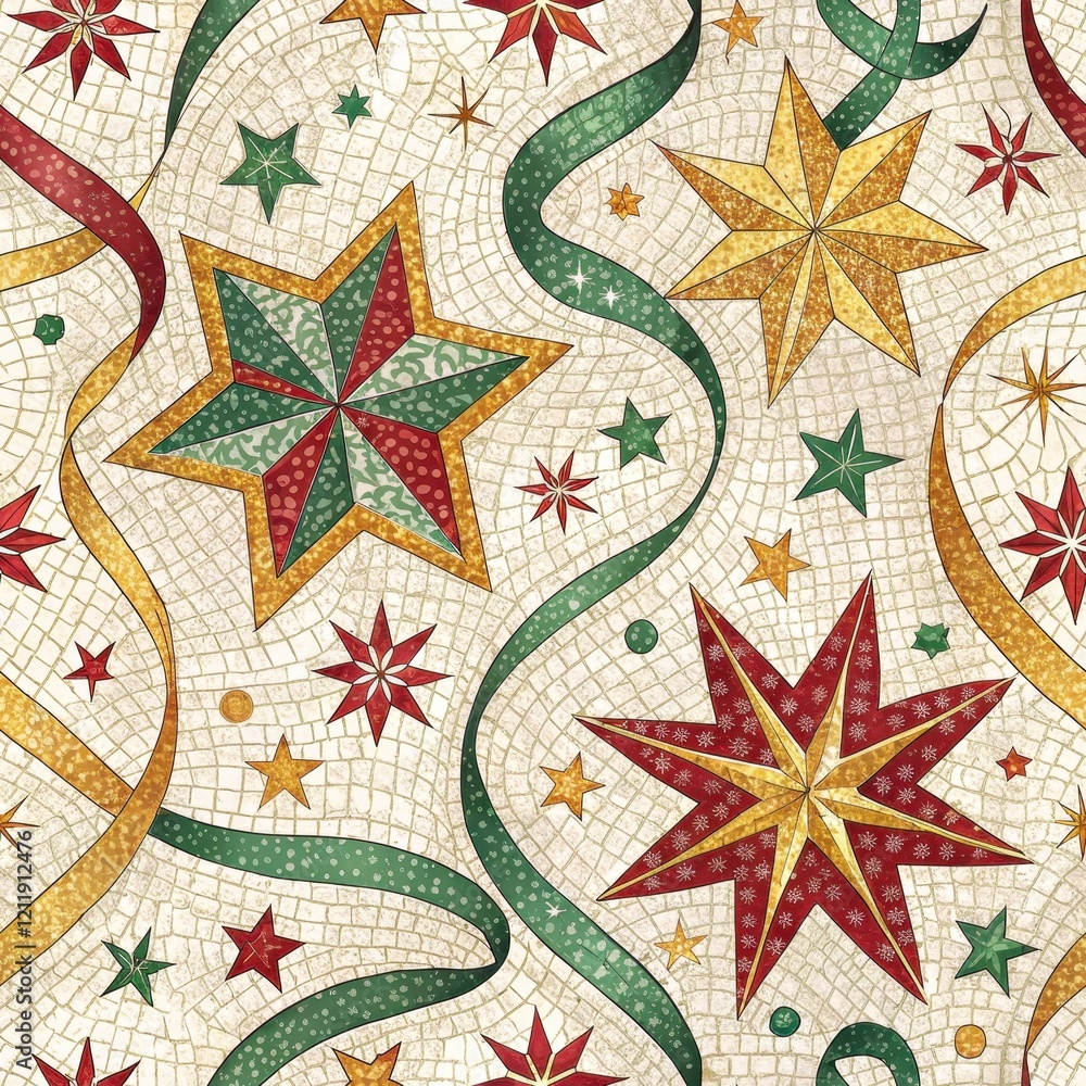 Festive Mosaic Tile Pattern with Sparkling Stars and Ribbons for Holiday Decor Festive Mosaic Tile Pattern with Sparkling Stars and Ribbons for Holiday Decor