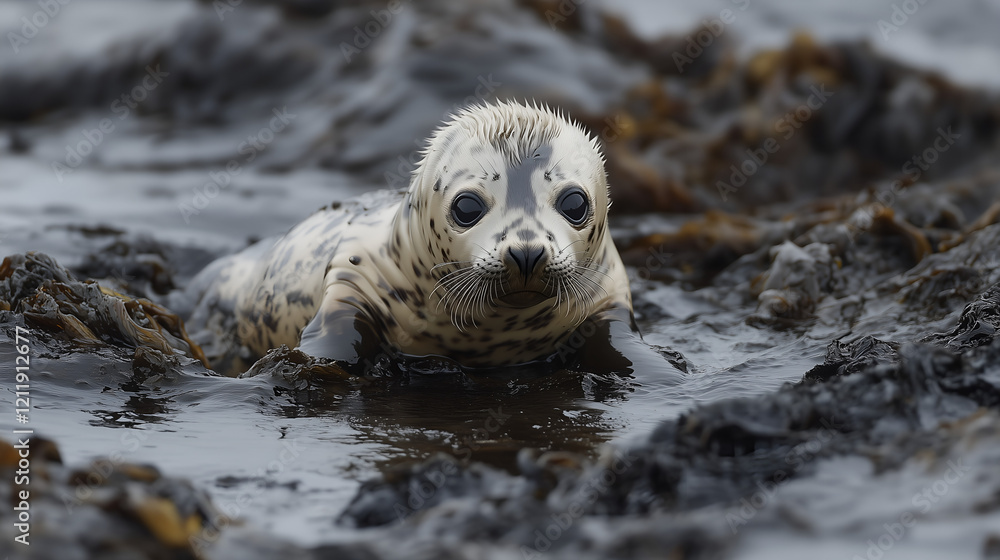 Fototapeta premium Young seal pup struggling in polluted coastal waters, surrounded by dark oil-covered seaweed, symbolizing ocean contamination.