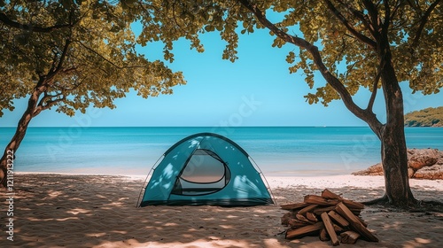 Relaxing beach camping spot with a tent under trees near calm water on a sunny day