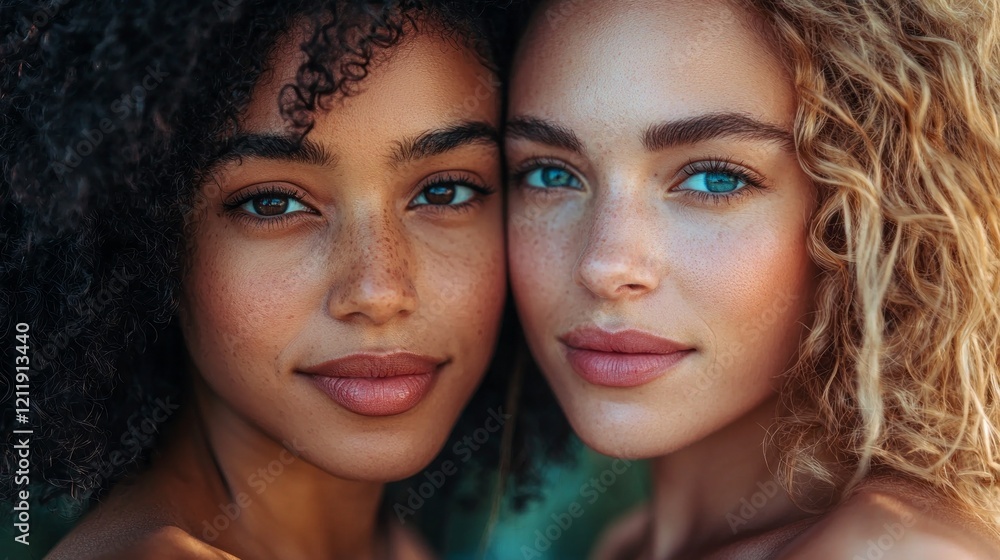 Two women of different backgrounds stand closely together, their shoulders touching. Their radiant skin tones contrast beautifully, emphasizing friendship and diversity in a serene moment in nature Two women of different backgrounds stand closely together, their shoulders touching. Their radiant skin tones contrast beautifully, emphasizing friendship and diversity in a serene moment in nature