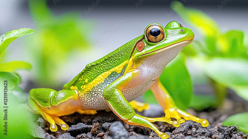 Fototapeta premium Green tree frog perched on dark soil, lush greenery background; nature photography for websites, blogs