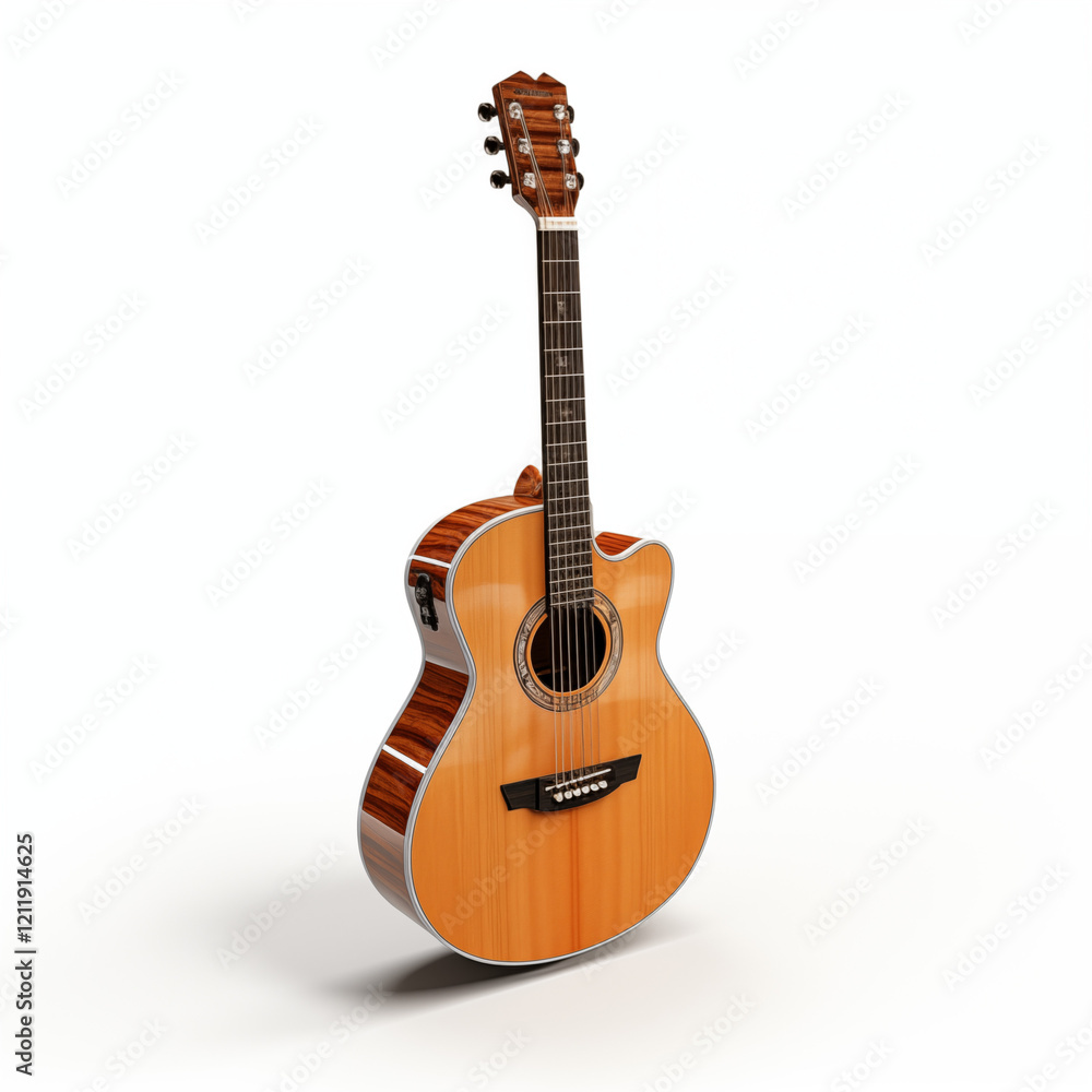 Fototapeta premium Acoustic Guitar Wood Grain Musical Instrument Studio Shot Isolated White Background