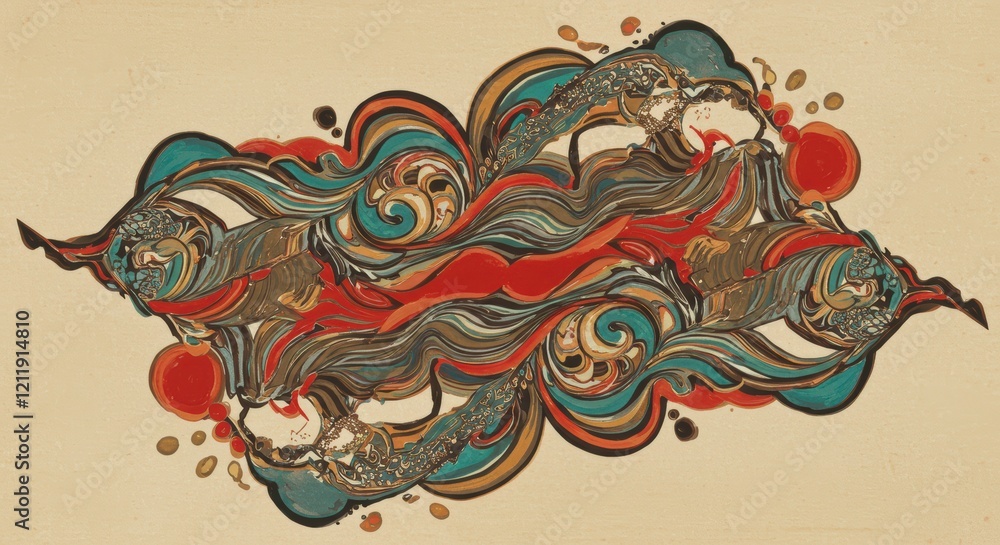 Abstract Swirling Pattern: A mesmerizing tapestry of swirling, interconnected lines and shapes in a vibrant palette of teal, gold, and red. This abstract design evokes a sense of movement, energy. Abstract Swirling Pattern: A mesmerizing tapestry of swirling, interconnected lines and shapes in a vibrant palette of teal, gold, and red. This abstract design evokes a sense of movement, energy.
