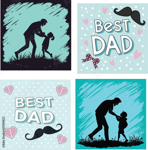 Father's Day illustration, silhouette of father and son, sunset background