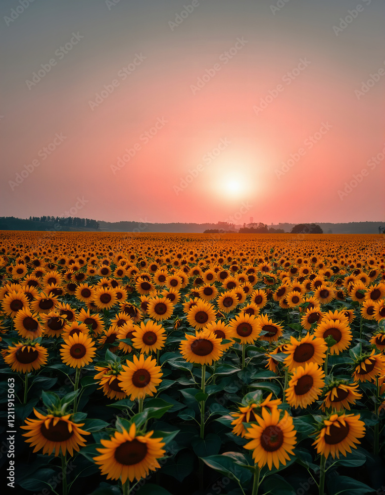 Obraz premium Golden Sunset Over Sunflower Field