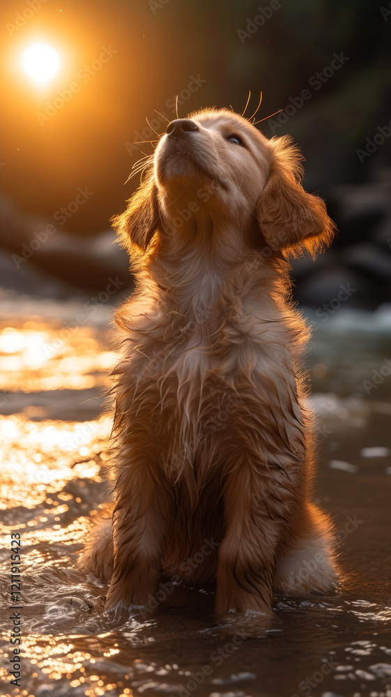 Golden Puppy Sitting in Water at Sunset
Golden Puppy Sitting in Water at Sunset