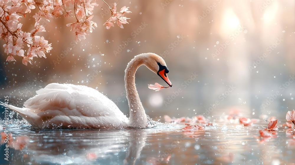 Fototapeta premium Captivating crystal swan figure refracting vibrant rainbow spectrum of light set upon a mirrored reflective surface symbolizing clarity prosperity and the beauty of nature s optical phenomena