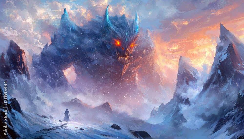Fototapeta premium A lone figure faces a colossal ice monster in a snowy mountainous landscape