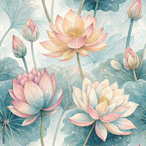 Elegant Watercolor Lotus Flowers Blooming Water Lilies Pastel Botanical Illustration Tranquil