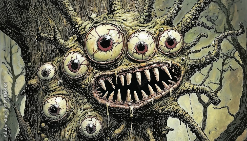 Fototapeta premium A grotesque tree monster with multiple eyes and sharp teeth