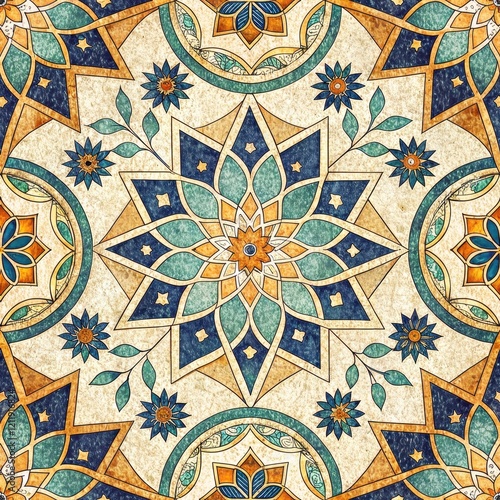 Intricate Teal Beige Geometric Mandala Pattern Vintage Floral Design Seamless Texture