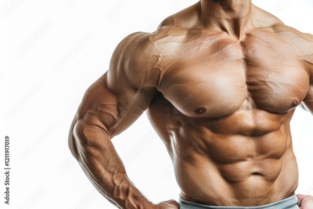 Fototapeta premium Fit man displaying muscles on white background.