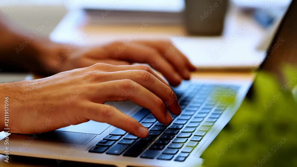 Focused individual typing on laptop in modern workspace surrounded by greenery Focused individual typing on laptop in modern workspace surrounded by greenery
